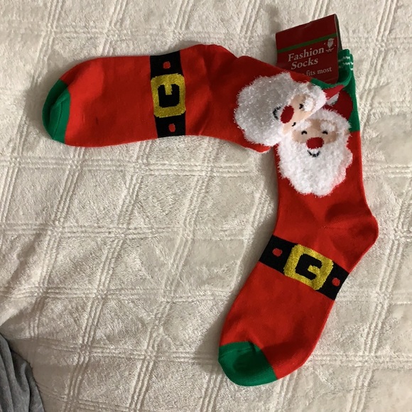 Santa Clause fluffy bearded Santa Christmas socks red stripe trim gold belt - Picture 7 of 11